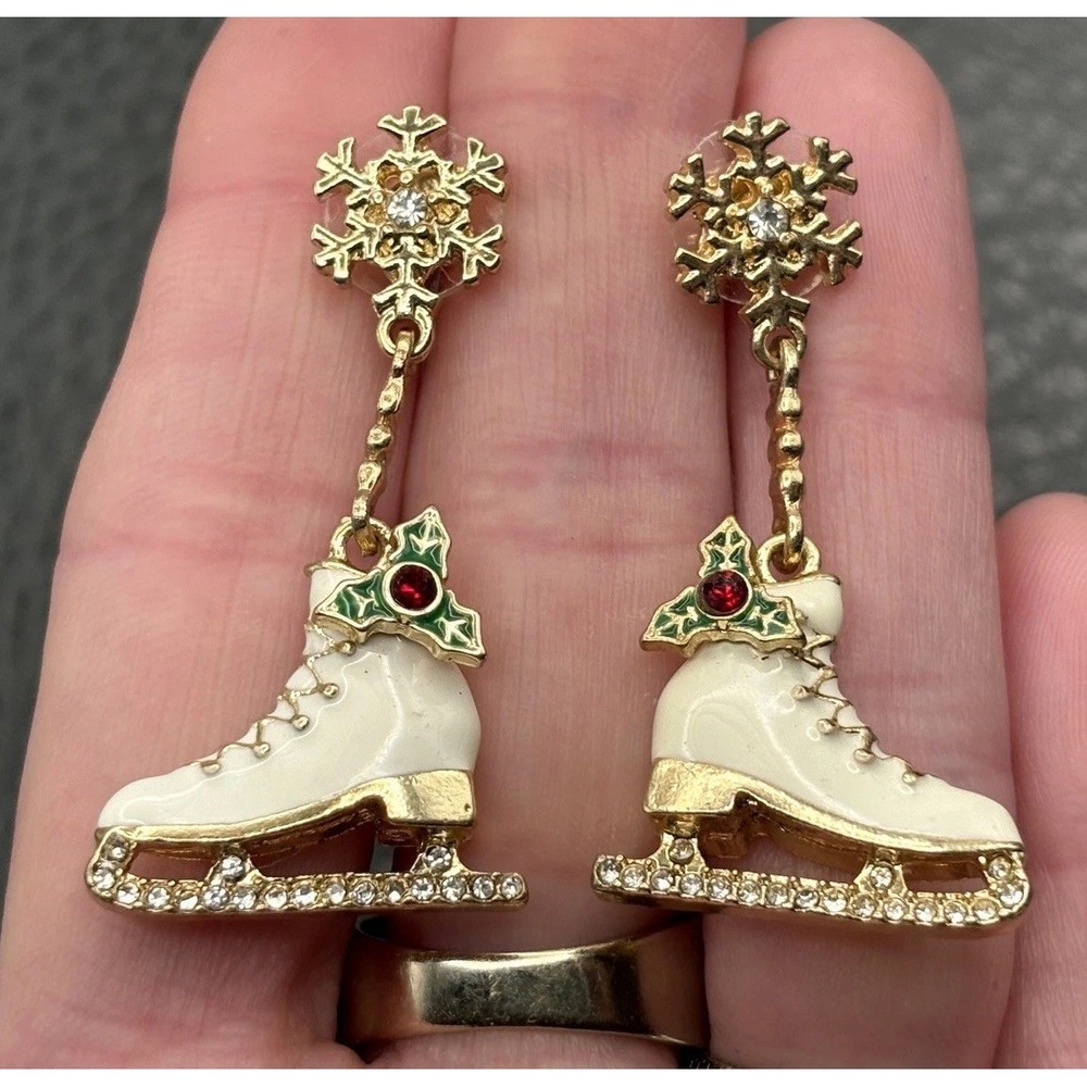 Holiday Lane Enamel Gold Tone Crystal Snowflake Ice Skate Drop Crystal Earrings